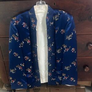 Solz Squirrel Chinese Satin Blue Ivory Jacket Kimono Blazer Reverse Large READ